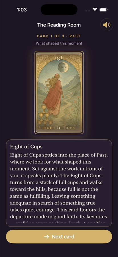 A guided reading showing the Eight of Cups with its reflection